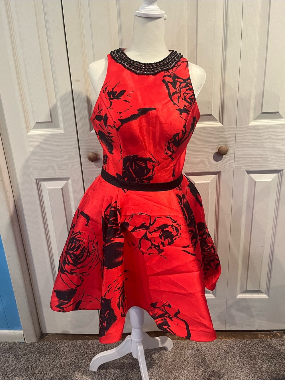 Lucci Lu Red Floral Fit-and-Flare Cocktail Dress with Beaded Neckline